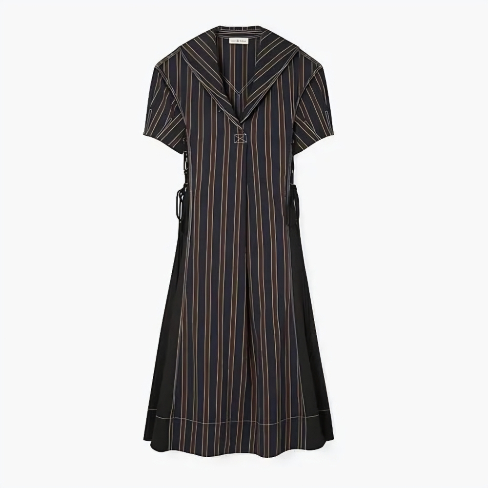 Tory Burch Striped Sailor Midi Dress Navy Brown Size 2 Nautical V-Neck Cotton